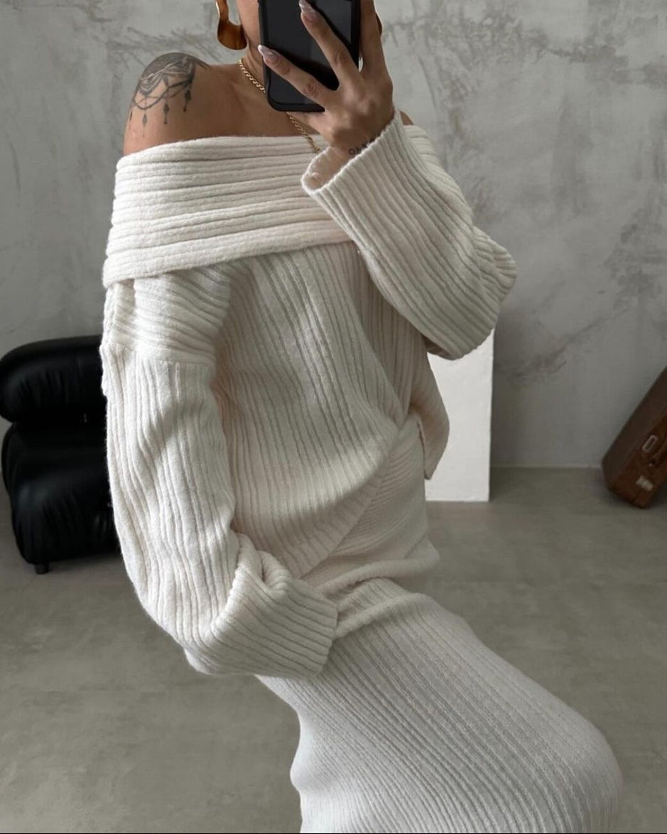 Off Shoulder Knit Sweater & Maxi Skirt Two Piece Set