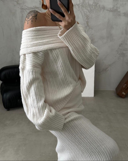 Off Shoulder Knit Sweater & Maxi Skirt Two Piece Set