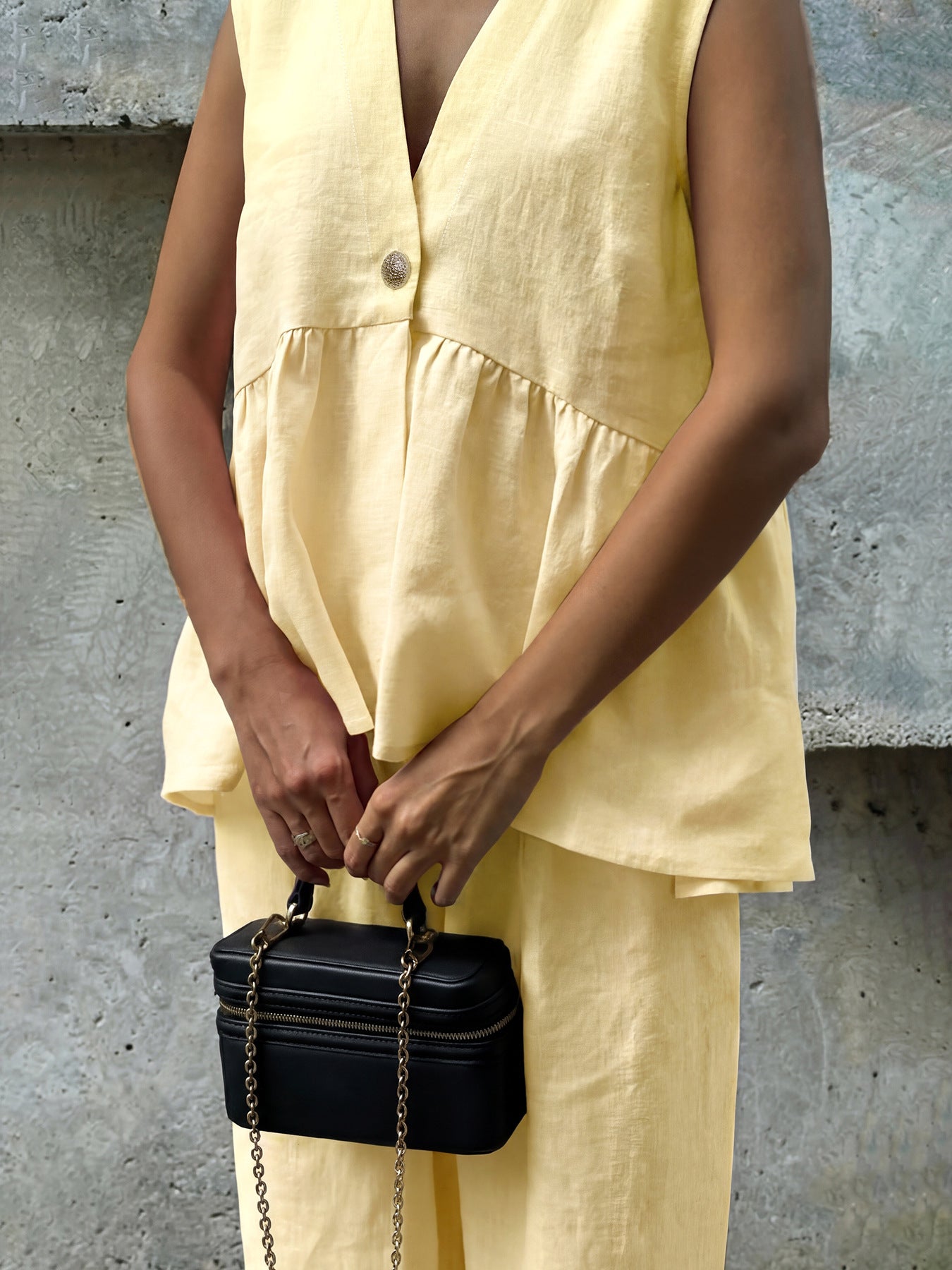 Faux Linen Peplum Vest Wide Leg Pants Matching Set