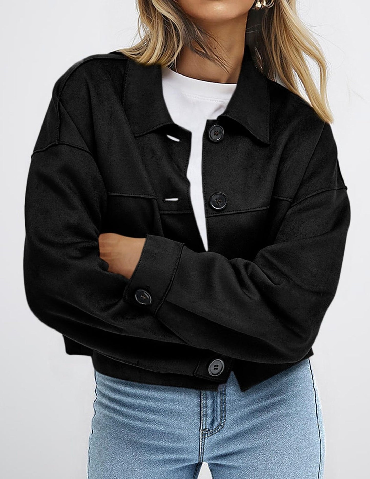 Faux Suede Cropped Button Front Jacket with Pockets