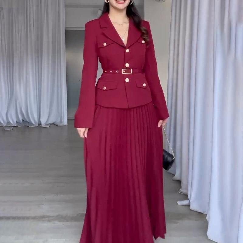 Women's Blazer & Pleated Maxi Skirt Business Casual Set
