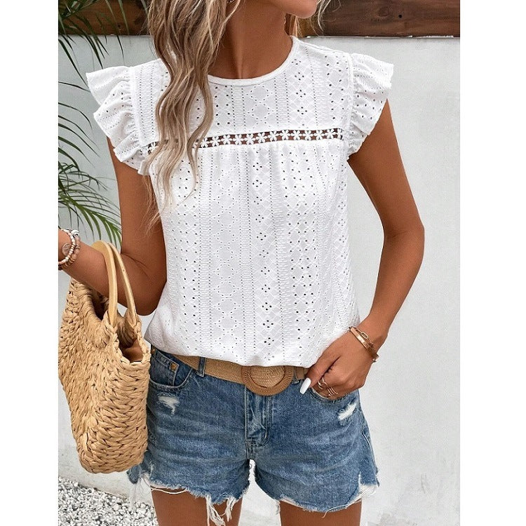 White Eyelet Lace Ruffle Sleeve Summer Blouse Women