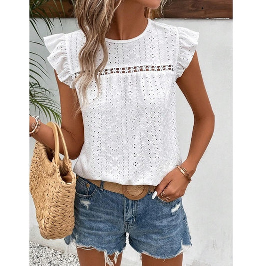 White Eyelet Lace Ruffle Sleeve Summer Blouse Women