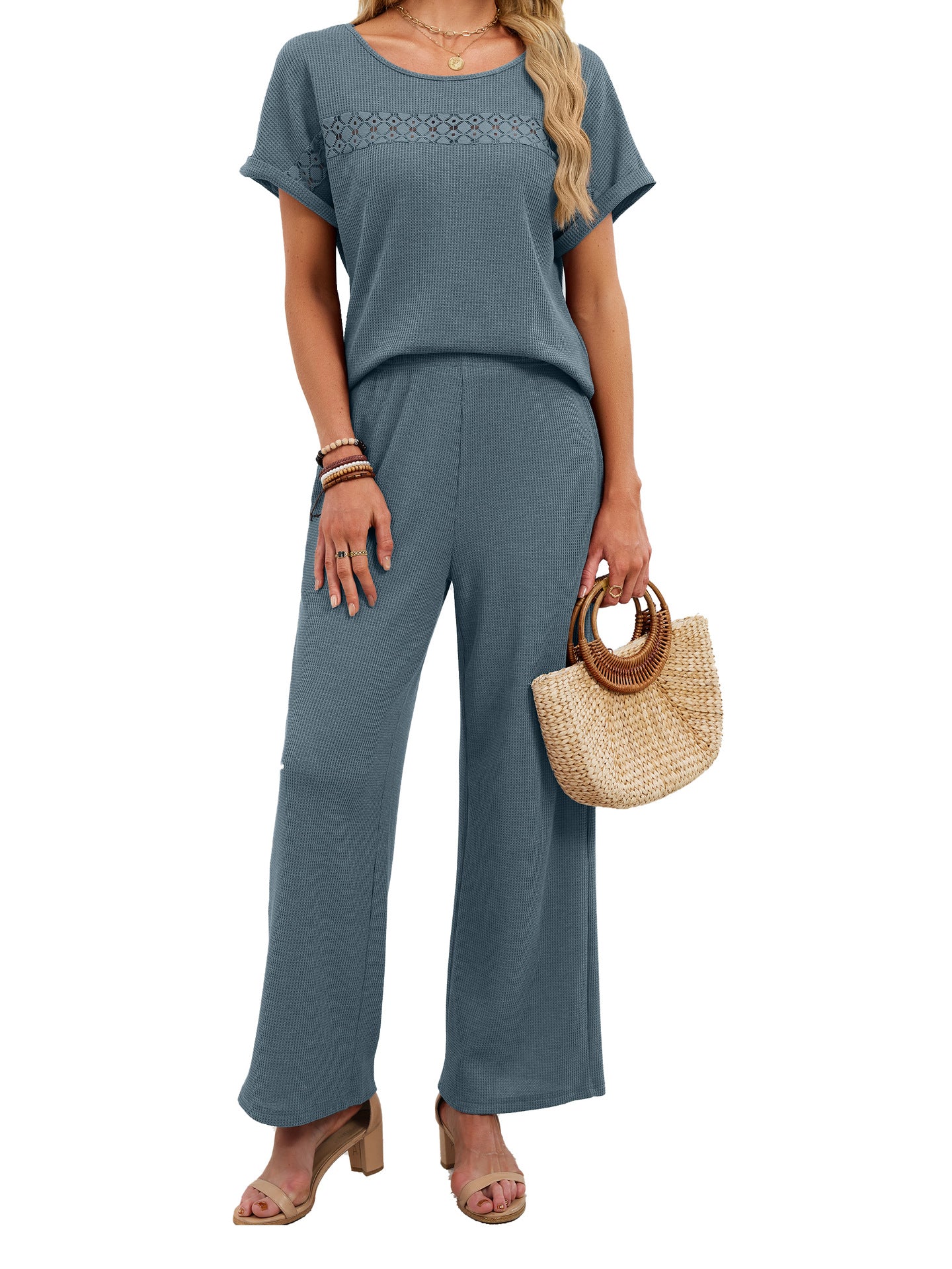 Solid Lace Trim Short Sleeve Top & Long Pants Set