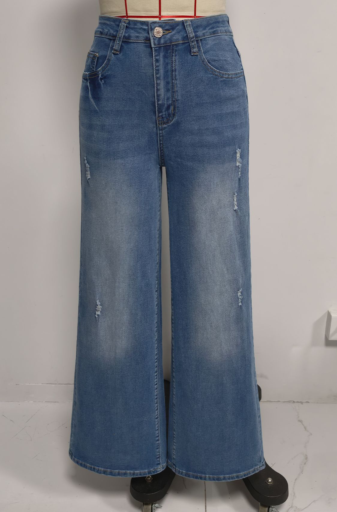 High Rise Cuffed Wide Leg Distressed Jeans