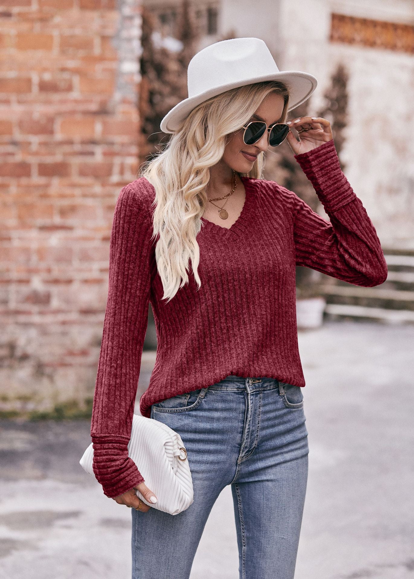 Solid Ribbed V-Neck Long Sleeve Knit Top for Women