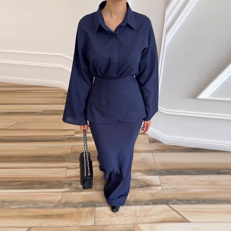 Women's Elegant Collared Long Sleeve 3 Piece Maxi Skirt Set