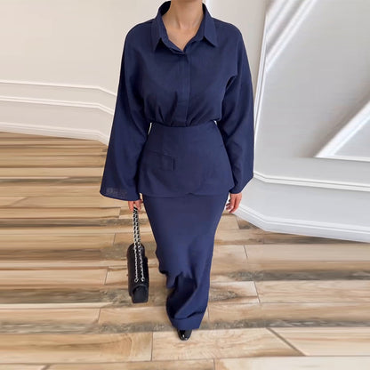 Women's Elegant Collared Long Sleeve 3 Piece Maxi Skirt Set