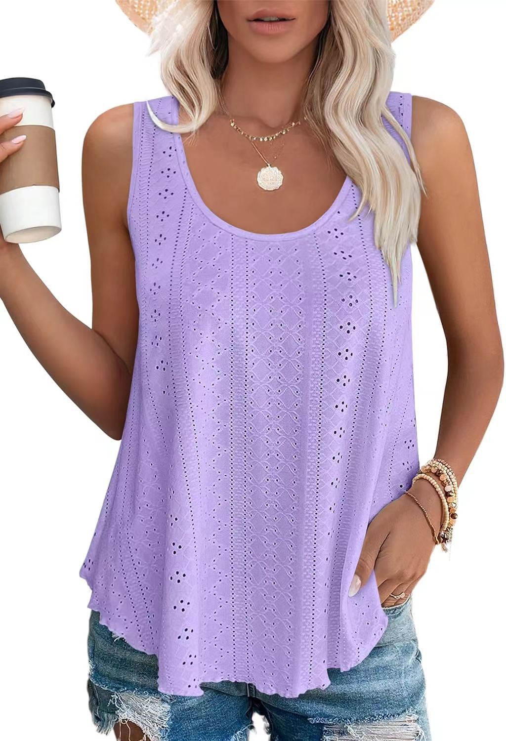 Eyelet Knit Tank Top Sleeveless Loose Fit Summer Top