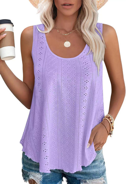 Eyelet Knit Tank Top Sleeveless Loose Fit Summer Top