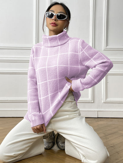 Women's Long Sleeve Bottom Shirt Contrast Checked Turtleneck