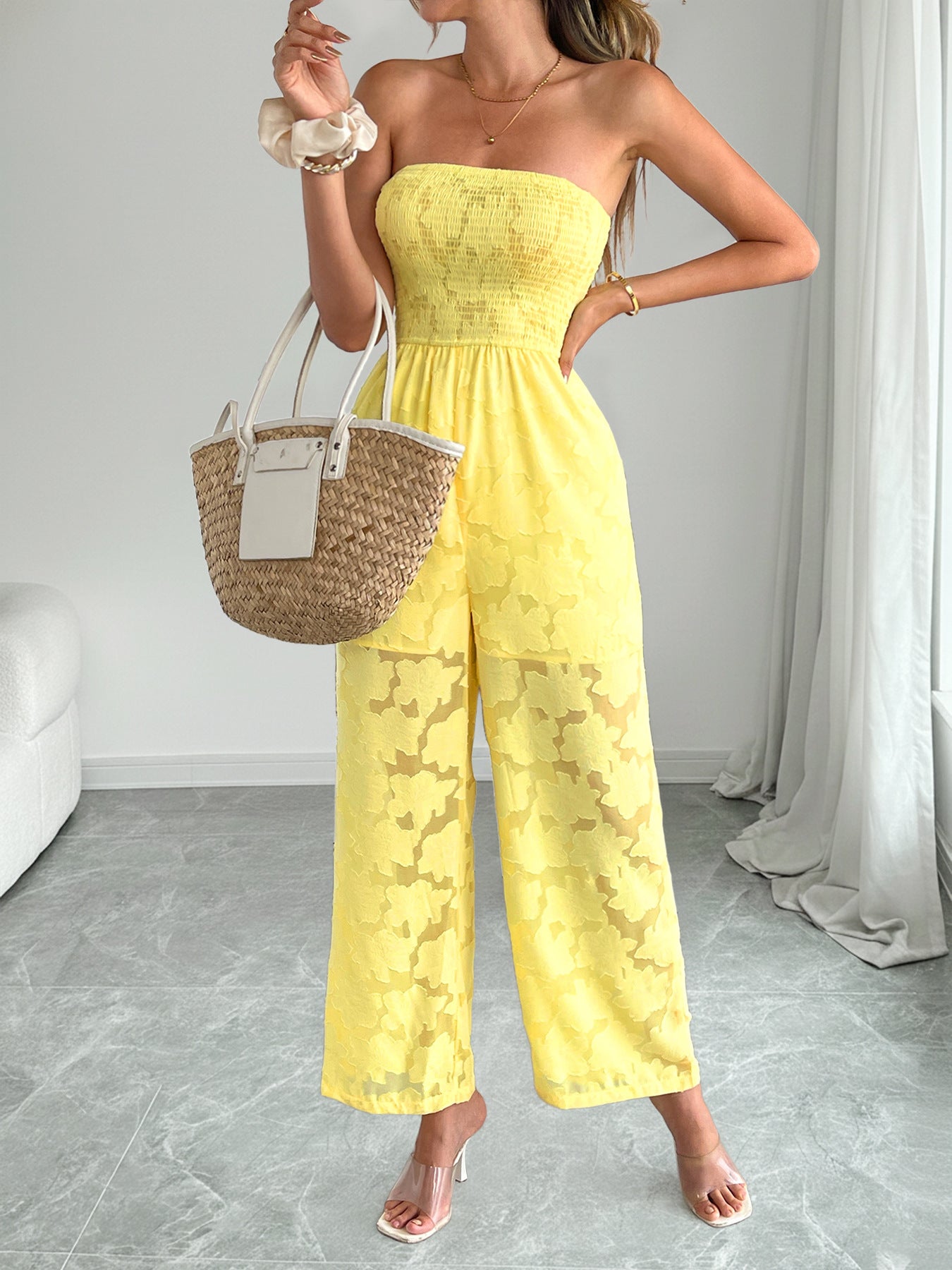 Yellow Lace Strapless Jumpsuit Sheer Wide Leg Summer