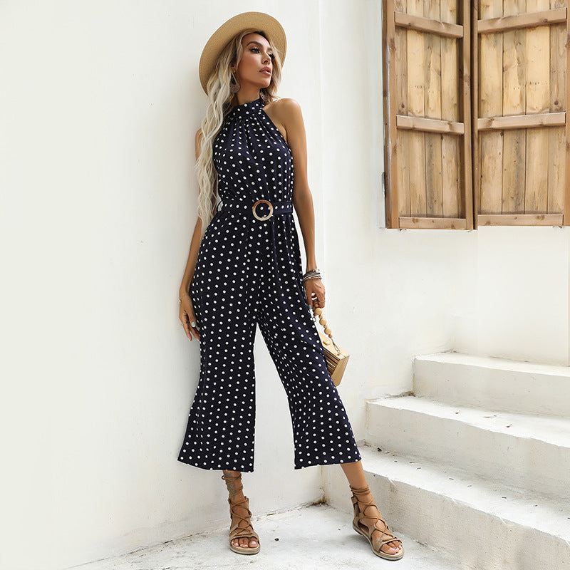 Polka Dot Halter Wide Leg Jumpsuit Vintage Resort Wear