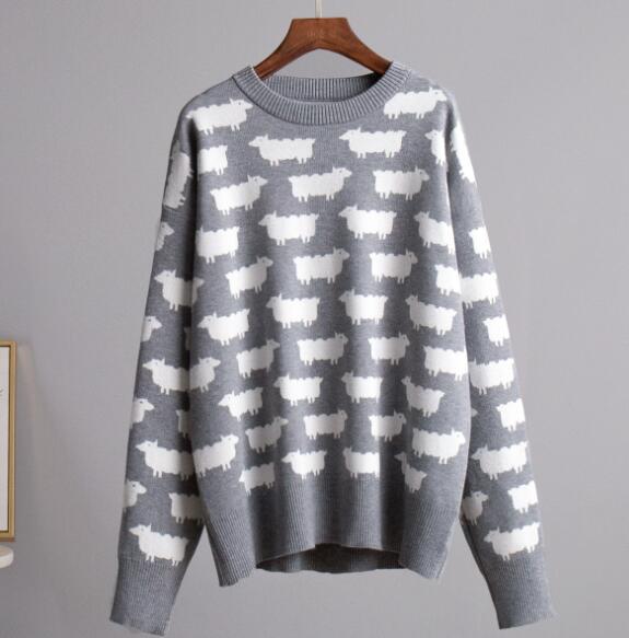 Oversized Crewneck Sheep Print Knit Sweater