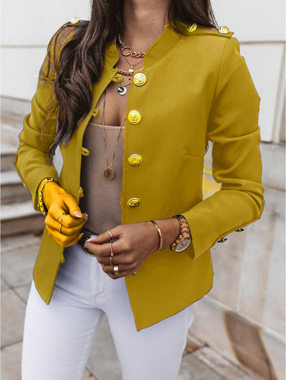 Women's Fitted Cropped Blazer Gold Button Long Sleeve