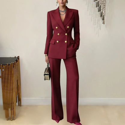 Womens Double Breasted Blazer Wide Leg Pants Set