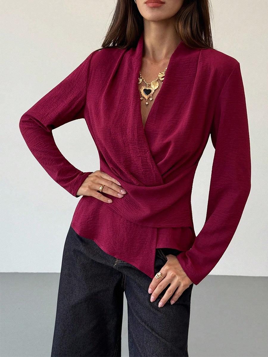 Burgundy Wrap V Neck Blouse Long Sleeve Ruched Top