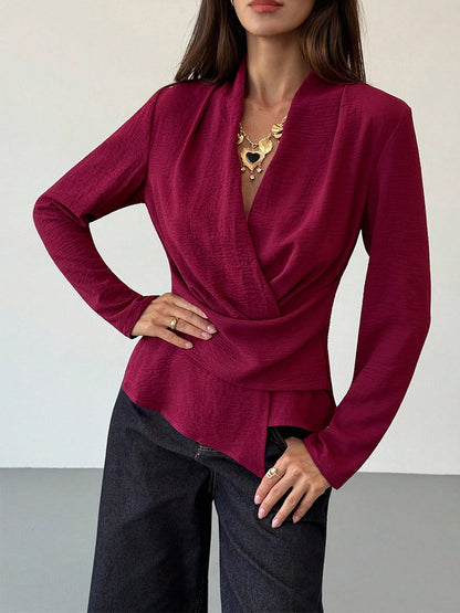 Burgundy Wrap V Neck Blouse Long Sleeve Ruched Top