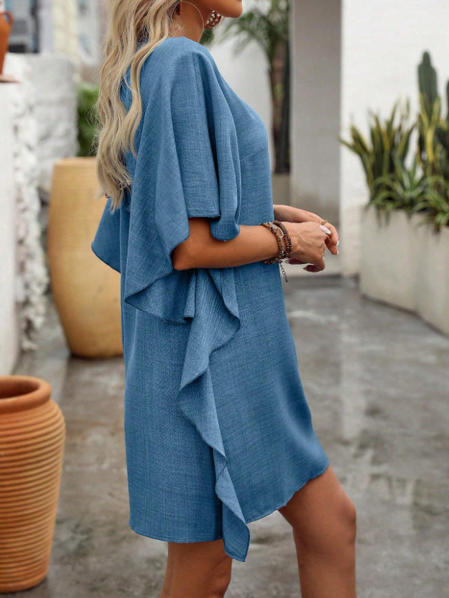 Flowy V-Neck Ruffle Sleeve Summer Dress Loose Fit