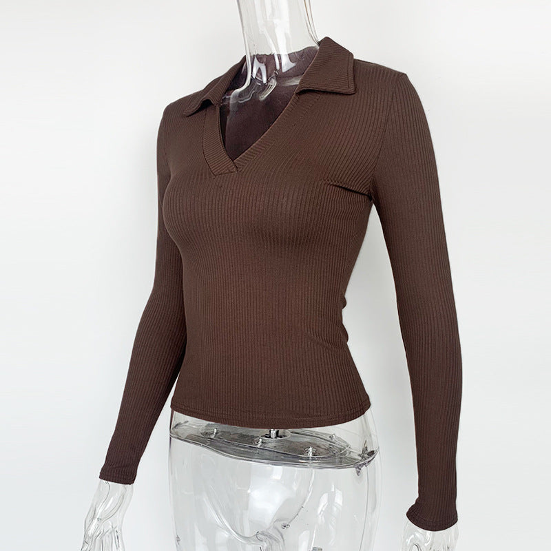 Women's Ribbed Polo V Neck Long Sleeve Fitted Top