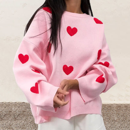 Women's Oversized Heart Embroidered Crewneck Sweater