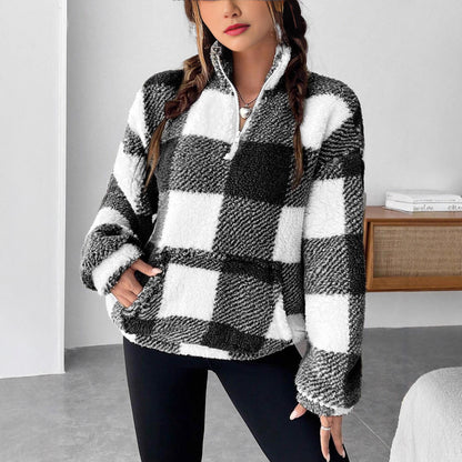 Women's Plaid Sherpa Quarter Zip Pullover with Pocket