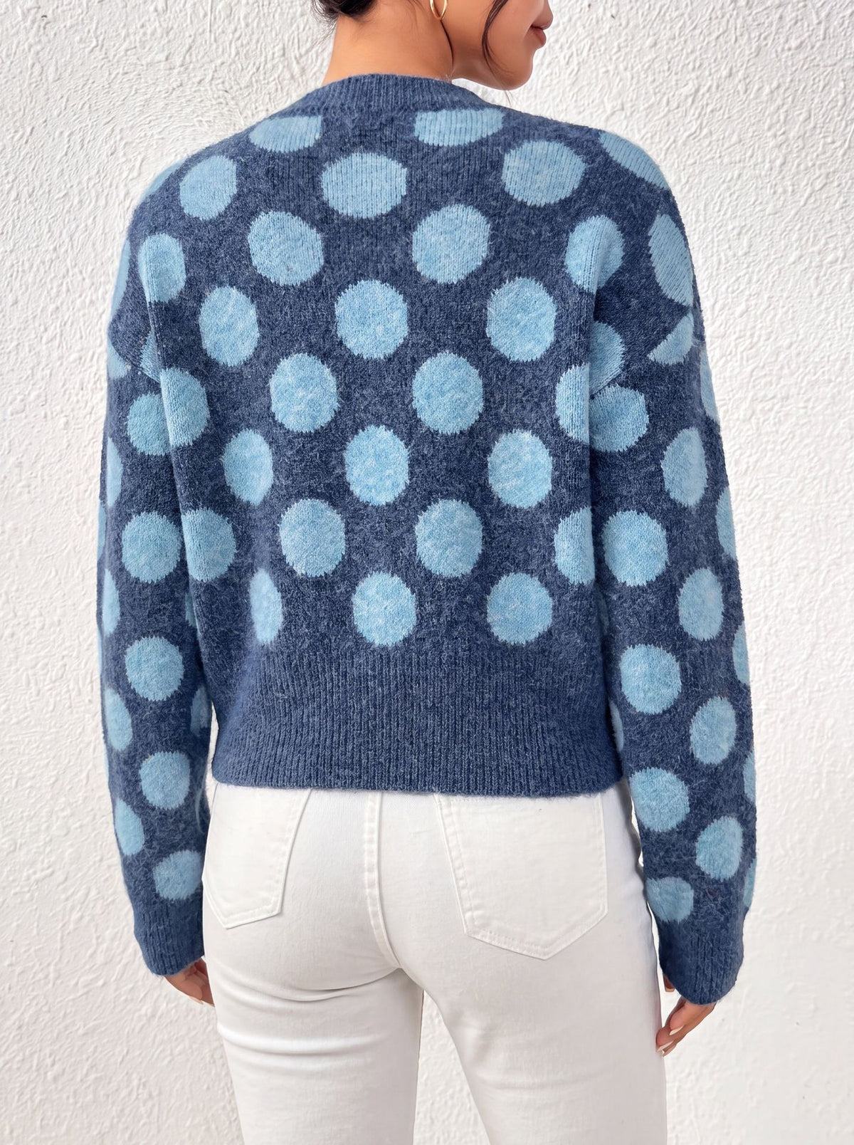 Women's Polka Dot Cropped Blue Knit Cardigan