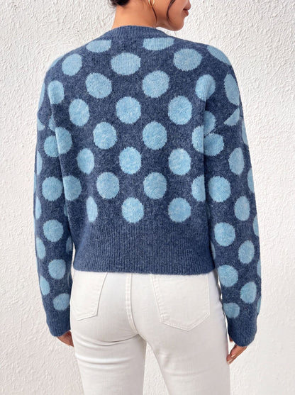 Women's Polka Dot Cropped Blue Knit Cardigan