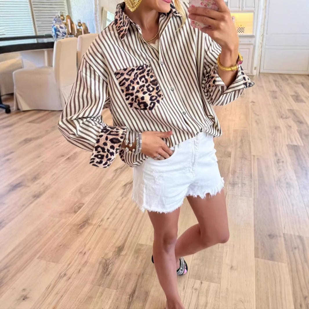 Leopard Patchwork Striped Button Down Oversized Shirt