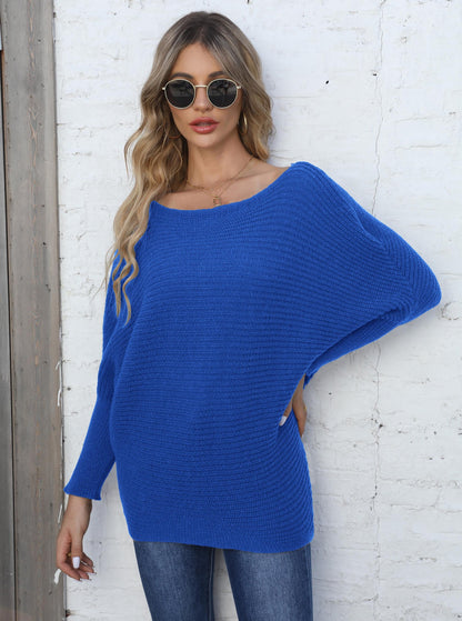 Ladies Cross Solid Color Bat Sleeve One-Neck Loose Sweater