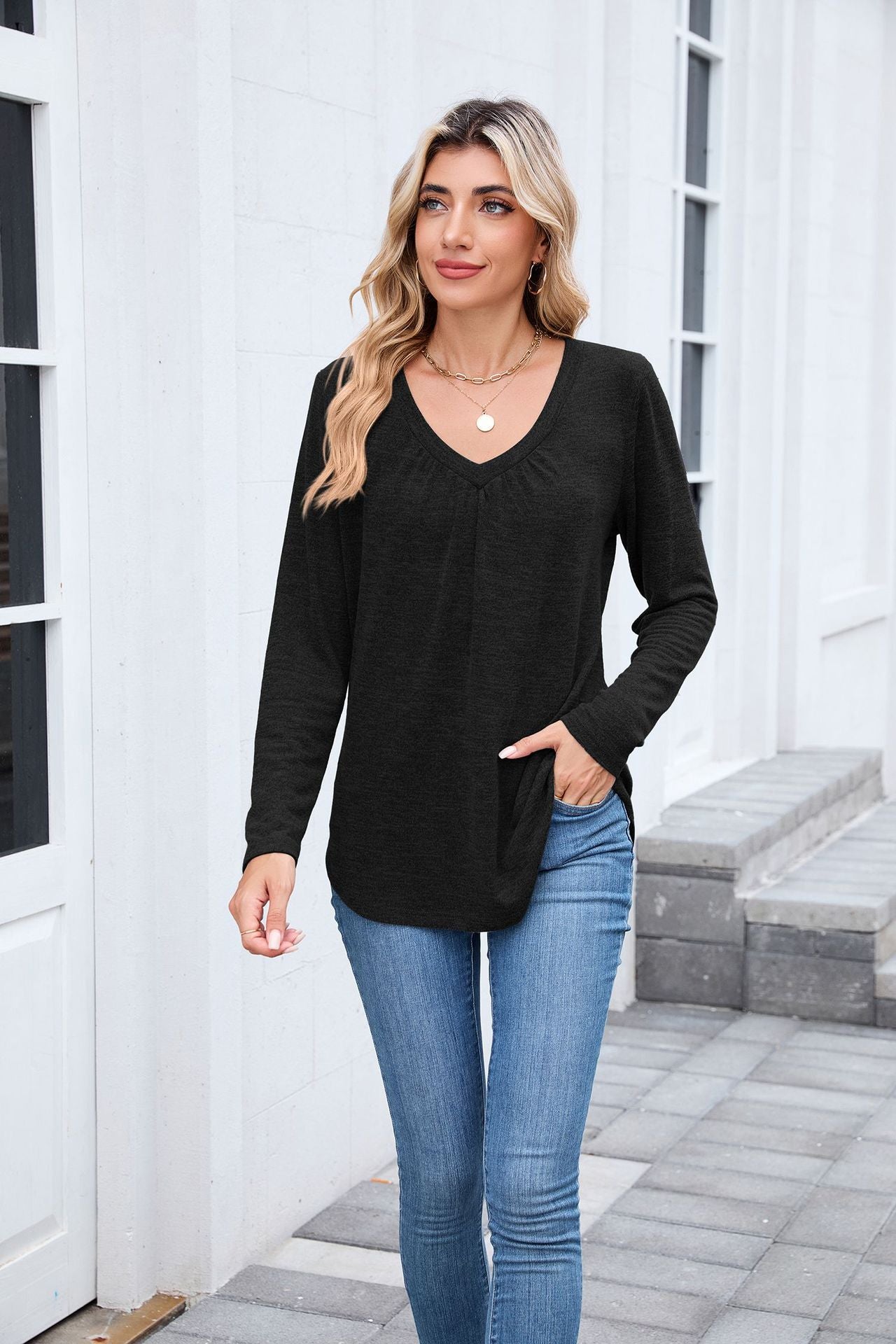 Women's Ruched V Neck Long Sleeve Loose Tunic Top