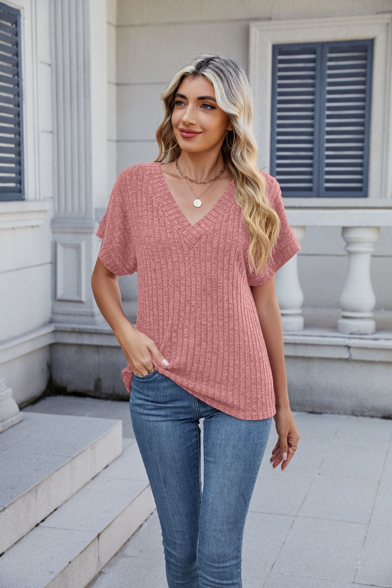 Solid Ribbed Knit Top V Neck Short Sleeve Casual Tee