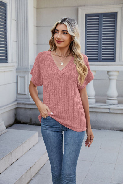 Solid Ribbed Knit Top V Neck Short Sleeve Casual Tee