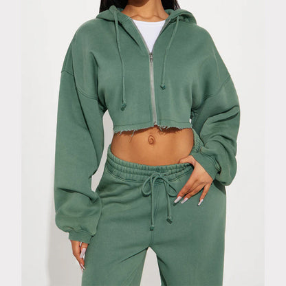 Women's Two Piece Crop Zip Hoodie Wide Leg Sweatpants Set