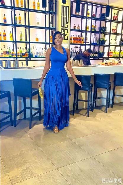 Fringe Maxi Dress Deep V Neck Long Sleeve Bodycon Party