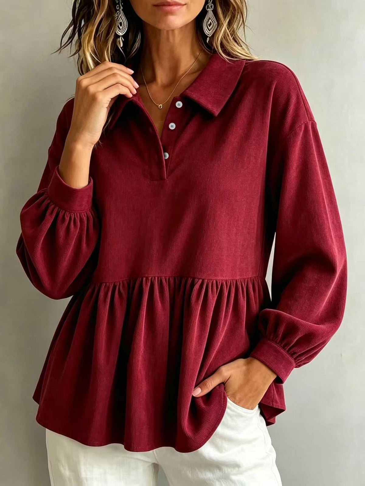 Plus Size Corduroy Polo Long Sleeve Babydoll Blouse