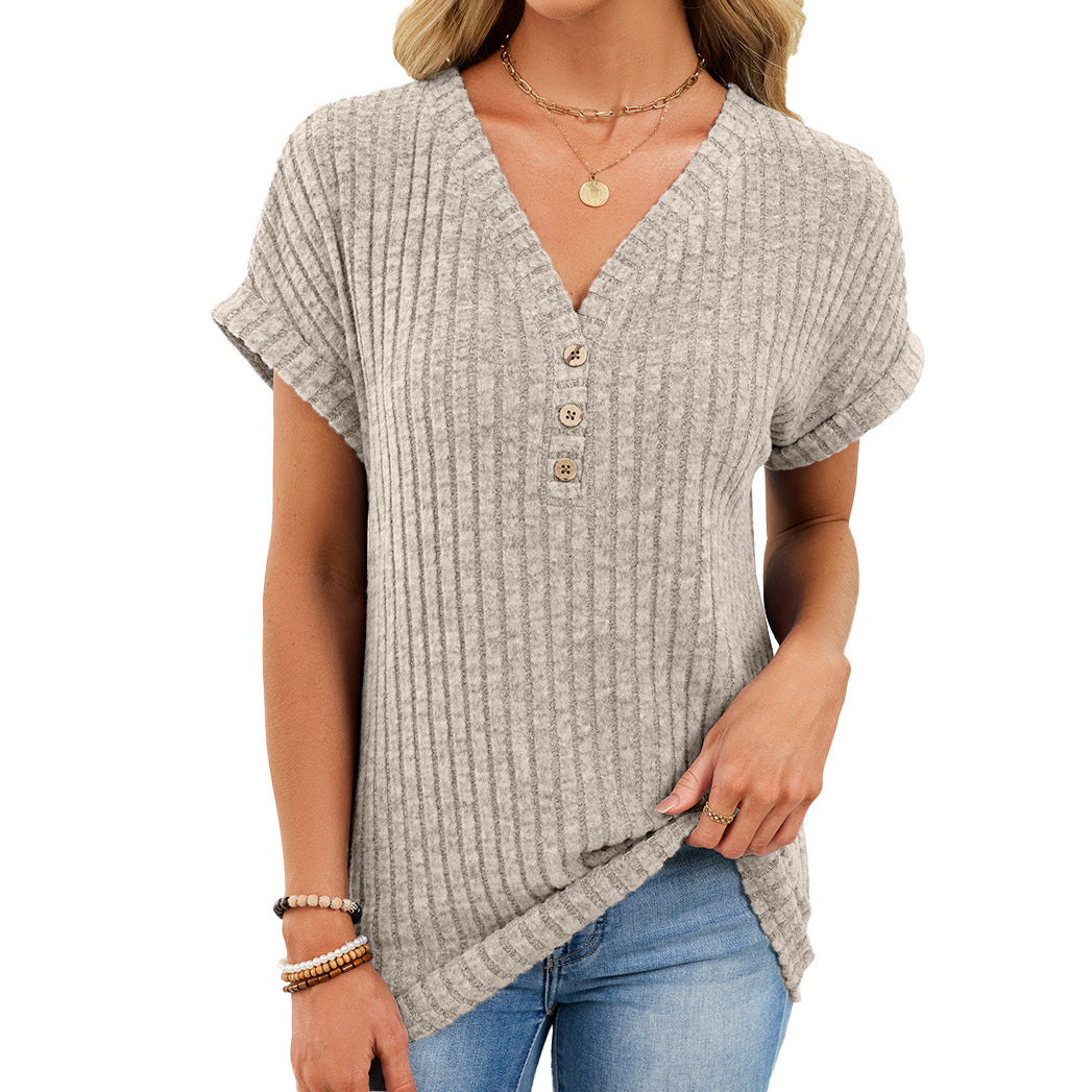 Ribbed Button V-Neck Top – Relaxed Fit Casual Summer Tee