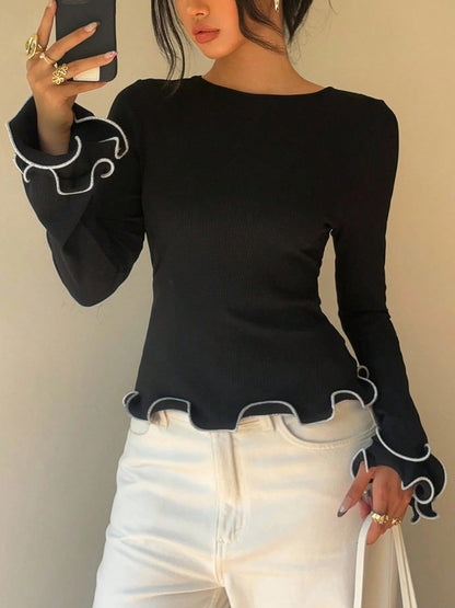 Women's Ribbed Tie Front Top Contrast Ruffle Long Sleeve