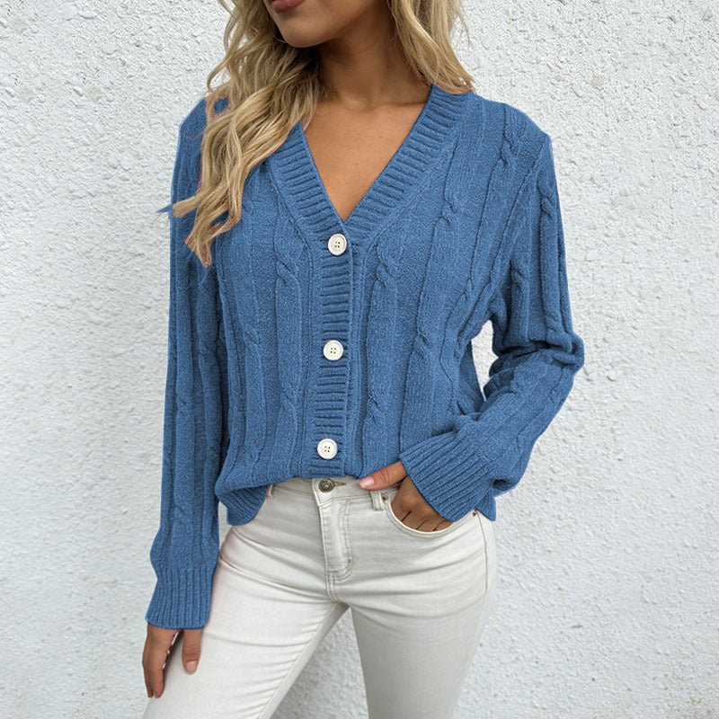 Women's Chenille Cable Knit V Neck Button Cardigan