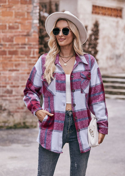 Plaid Flannel Shacket Button Front Pocket Oversized Jacket