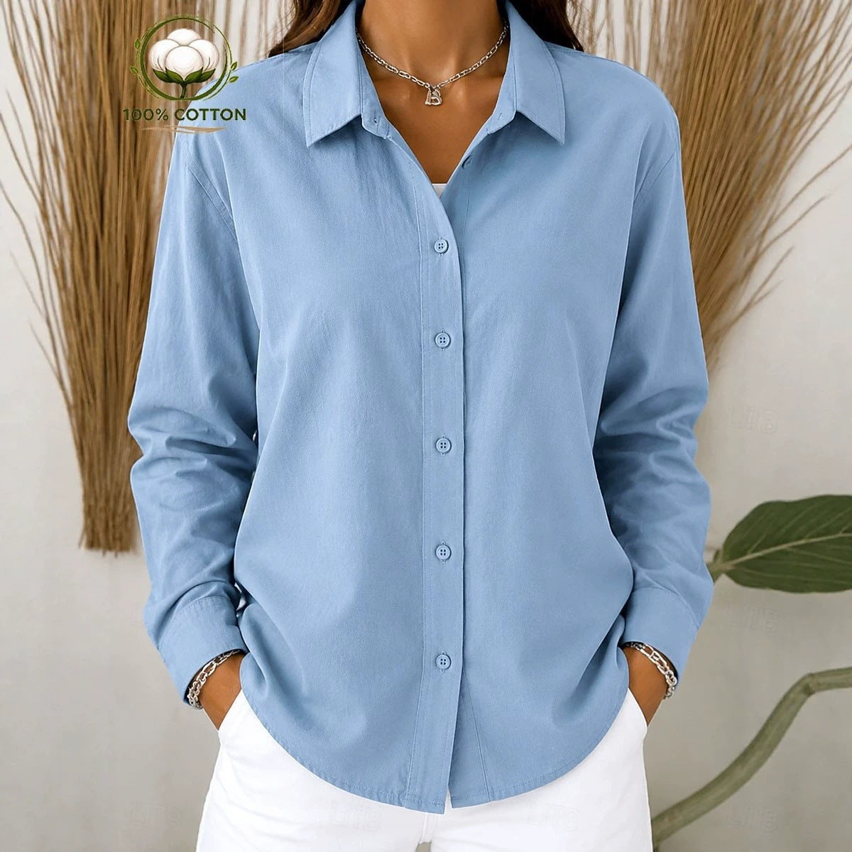 Women's 100% Cotton Button Down Long Sleeve Casual Shirt