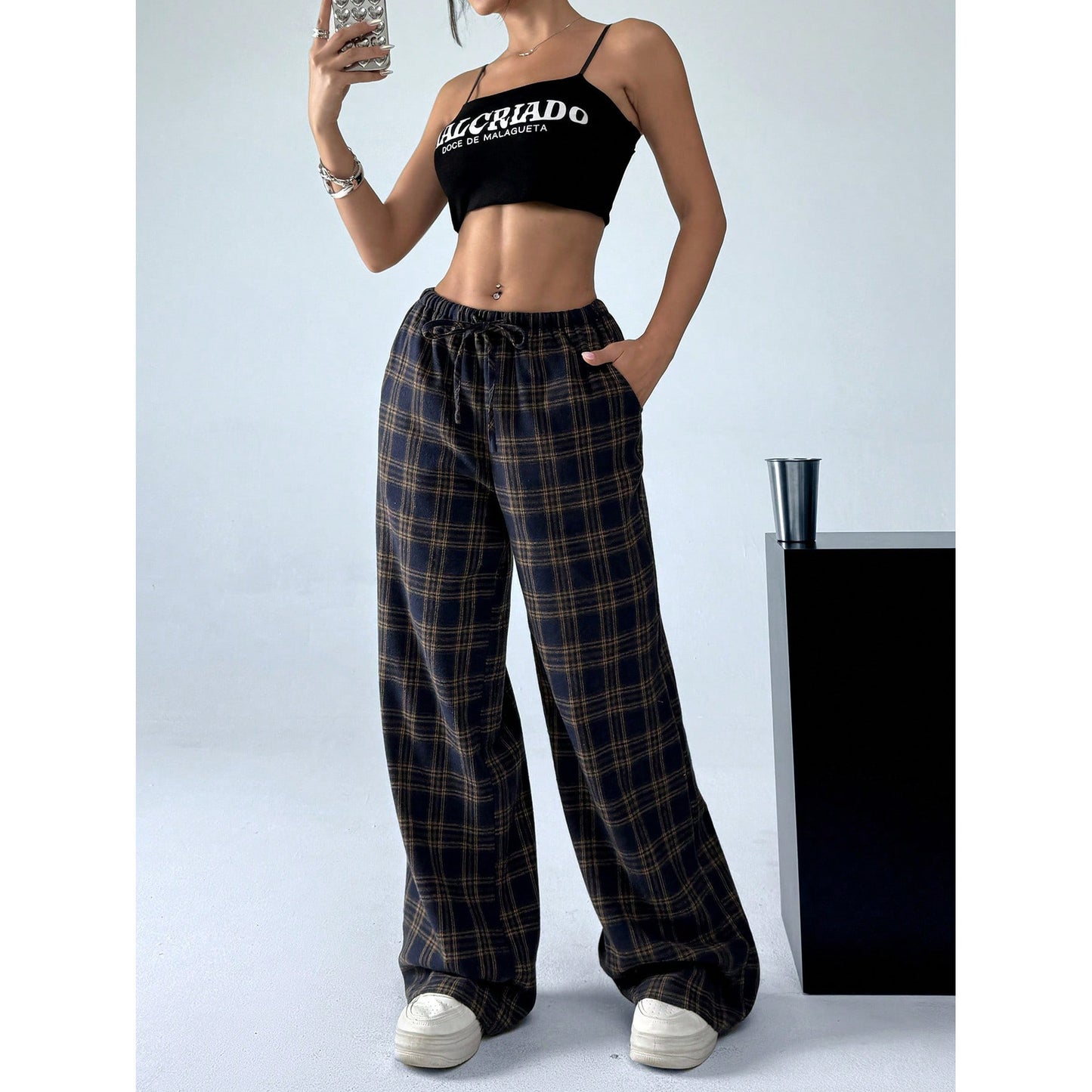 Leopard Print Wide Leg Pants High Waist Pocket Casual