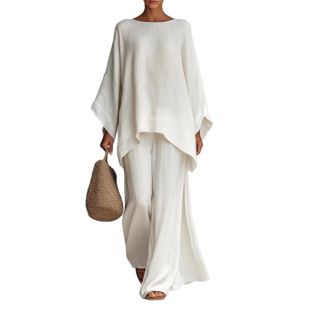 Linen Blend Batwing Top Wide Leg Pants Two Piece Set