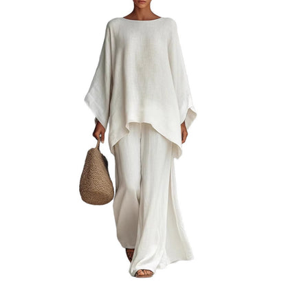Linen Blend Batwing Top Wide Leg Pants Two Piece Set