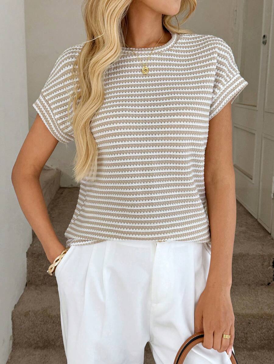 Striped Knit Sweater Crew Neck Short Sleeve Top