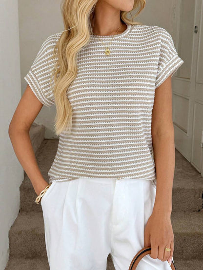 Striped Knit Sweater Crew Neck Short Sleeve Top