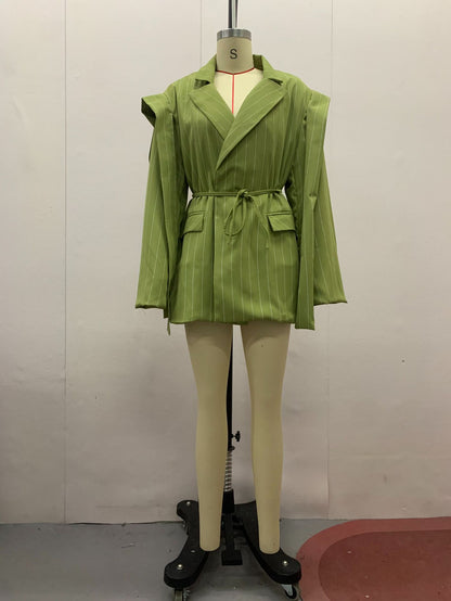 Women's Striped Belted Blazer Casual Lapel Short Jacket