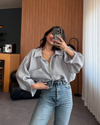 Women's Oversized Collared Pocket Button Down Shirt