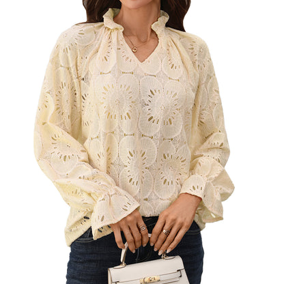 Eyelet Lace Blouse V Neck Puff Sleeve Top