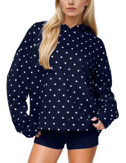 Polka Dot Hoodie Kangaroo Pocket Relaxed Fit Sweatshirt